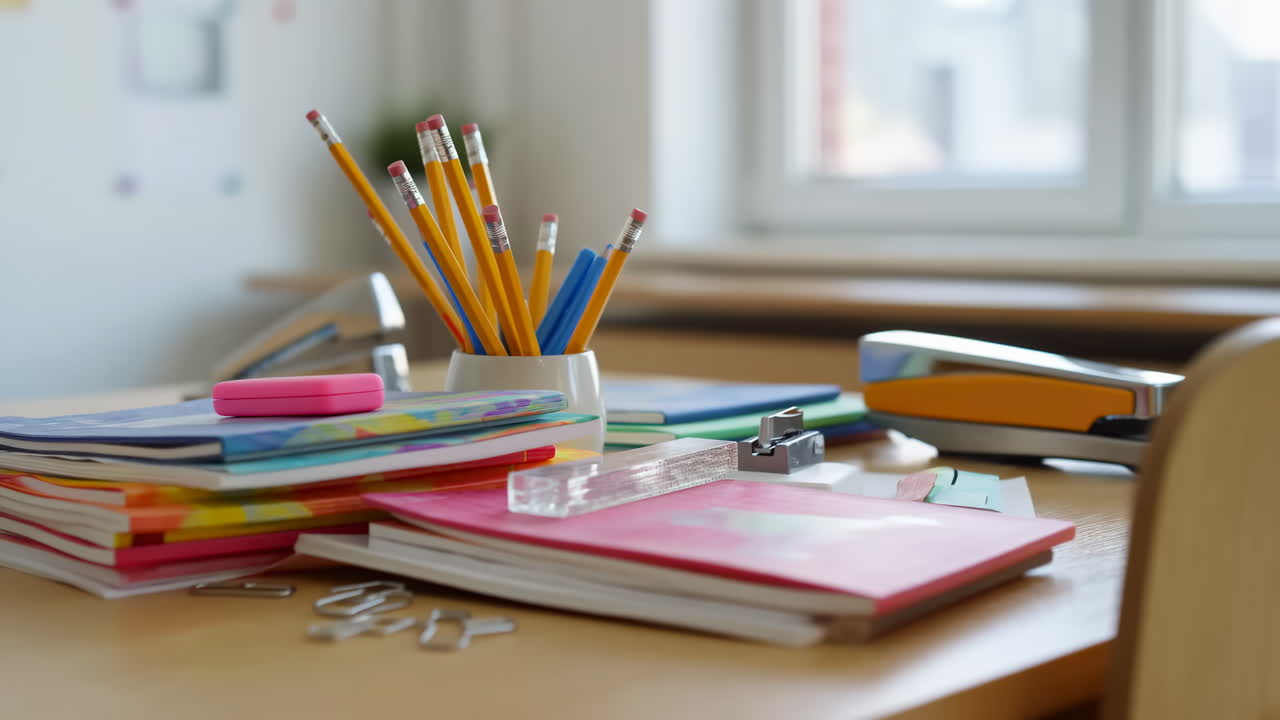 Forniture scolastiche e da ufficio disposte ordinatamente su una scrivania di legno