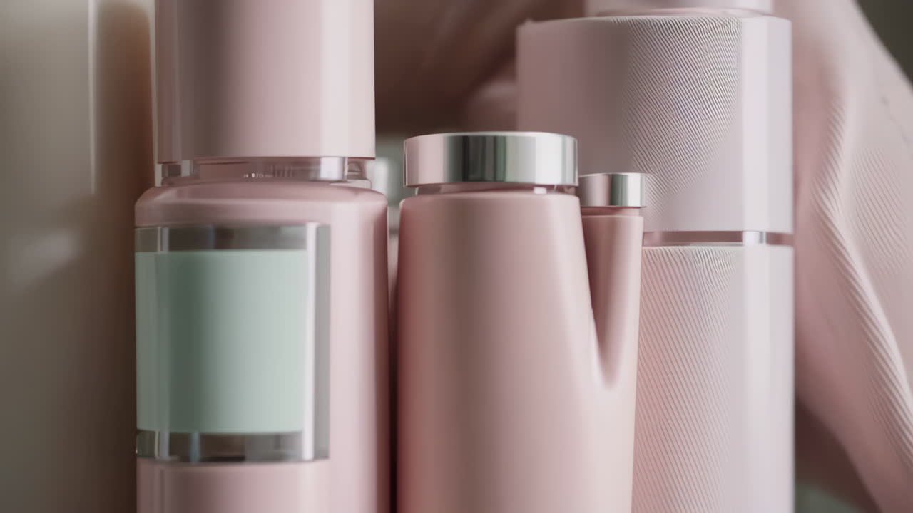 A close-up view of various pastel-colored personal care product bottles on a shelf