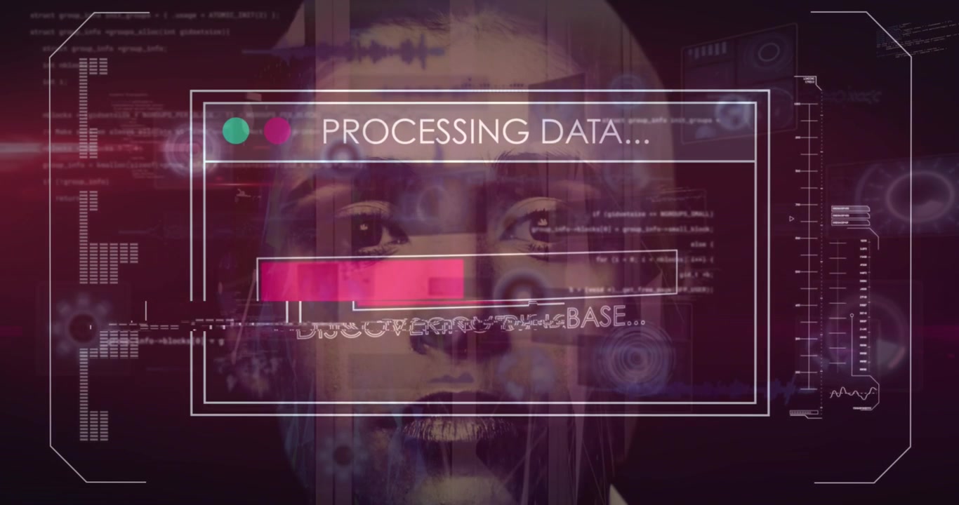 Animation of data processing over caucasian woman face and black background