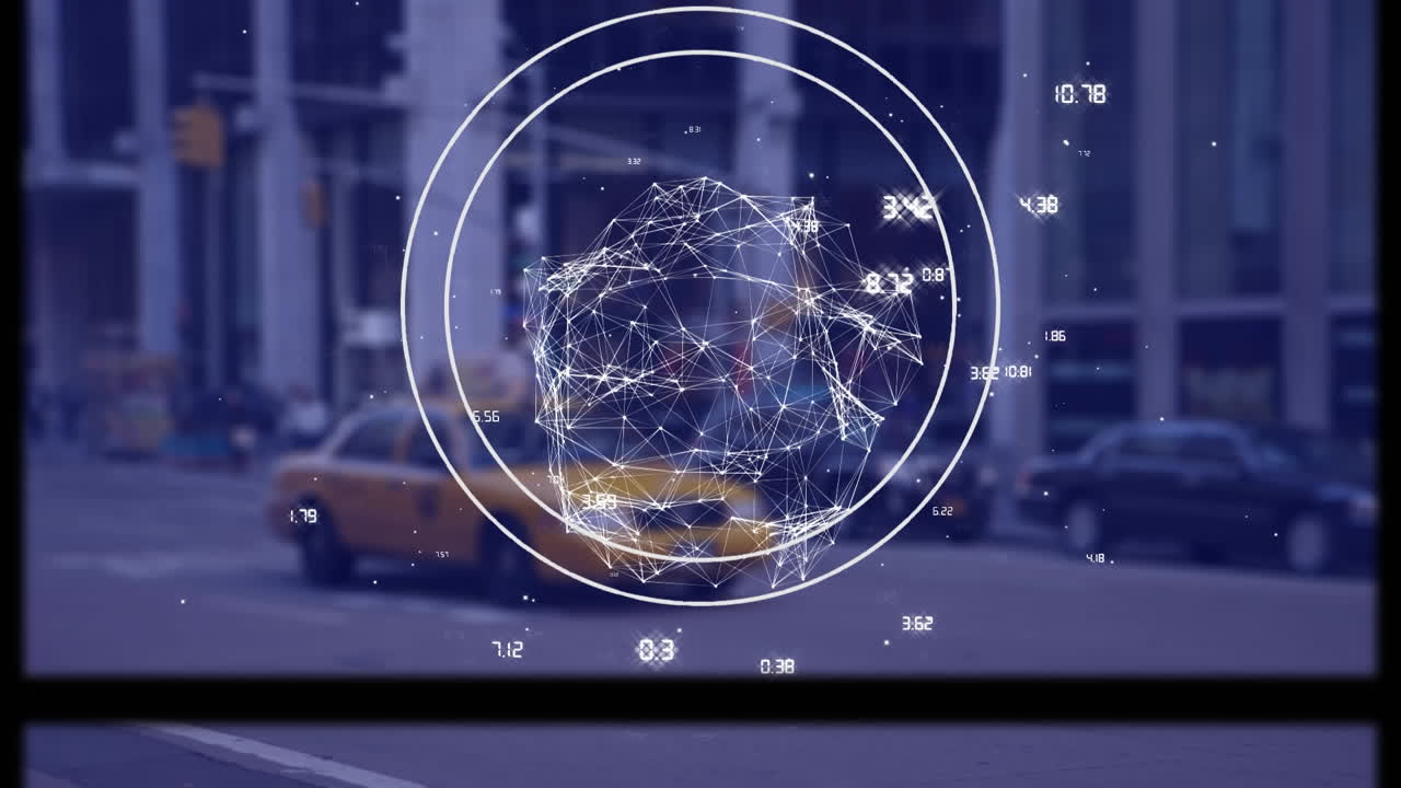 Animazione di globo rotante con elaborazione dati e rete di connessioni su paesaggio urbano