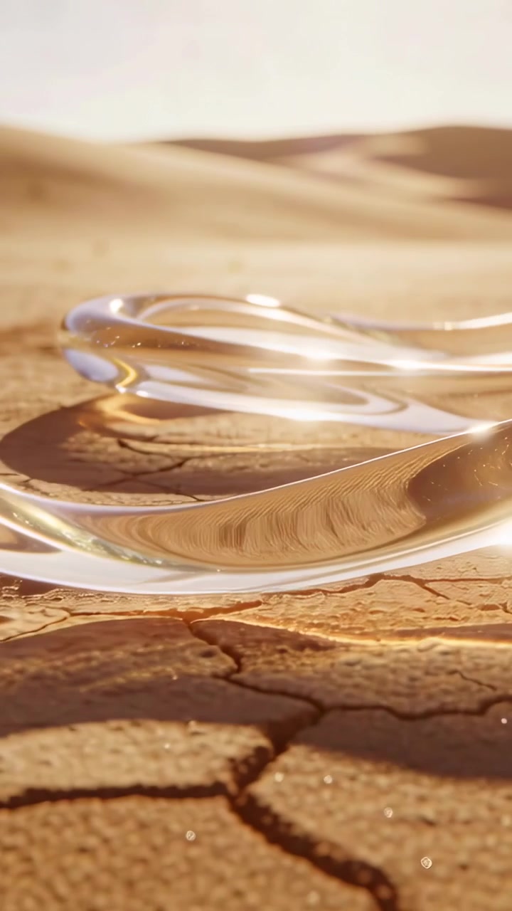 Video verticale: Luce solare che fa spostare un nastro di vetro a forma di anello su terreno screpolato e dune scintillanti.
