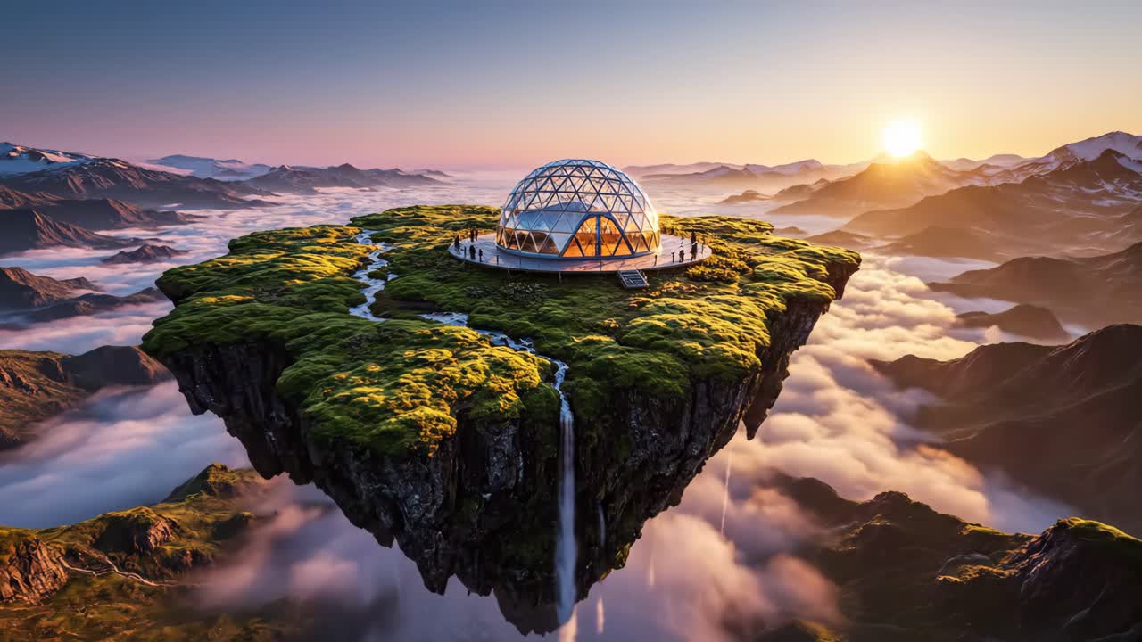 Futuristic Dome Structure on a Floating Island at Sunrise