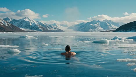 a serene escape: captivating views of a swimmer immersed in pristine glacial waters surrounded by majestic mountains and icy landscape.