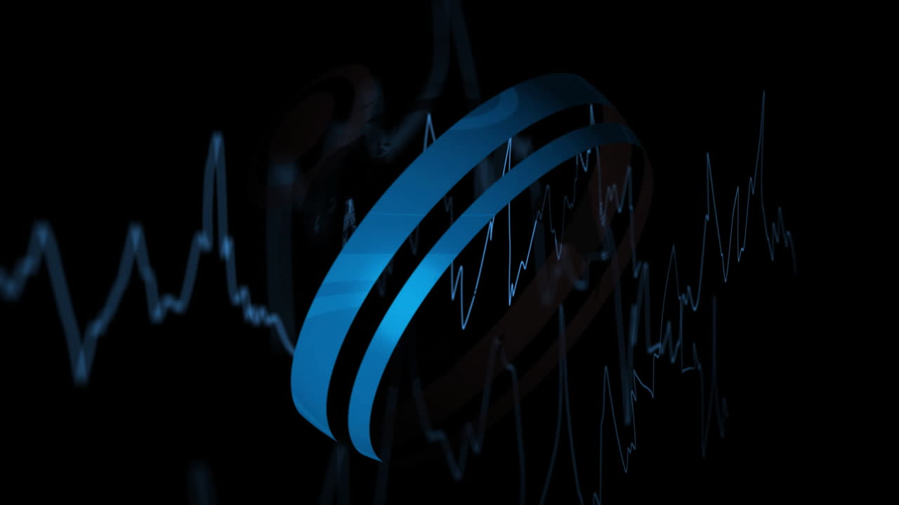 Animation of blue waveform and abstract spiral shapes on dark background