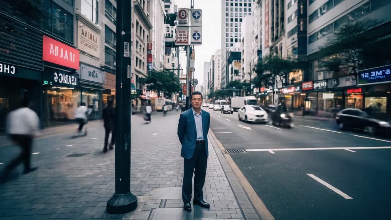 A Businessman Stands Still Amidst the Fast-Paced Urban Life, Capturing the Contrast Between Motion and Stillness in a Bustling City Street