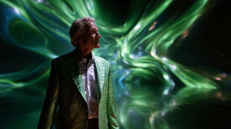 Un viaggio visivo mozzafiato con una figura misteriosa in un abito verde scintillante, in piedi tra ipnotici motivi di luce vorticante che creano un'atmosfera ultraterrena di meraviglia