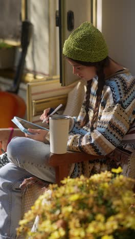 mujer joven estudiando al aire libre