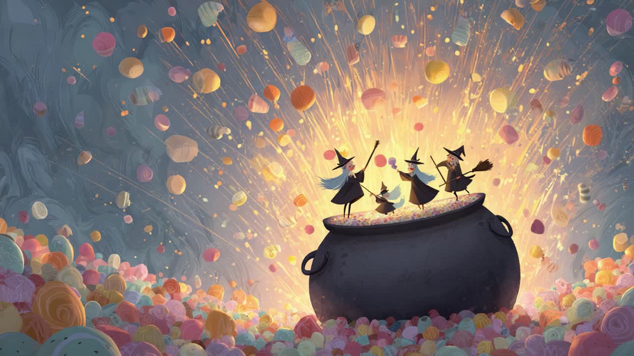 A Vibrant Celebration of Magic and Color as Four Witches Cast Spells from a Cauldron Surrounded by a Cascade of Enchanting Confectionery Delights