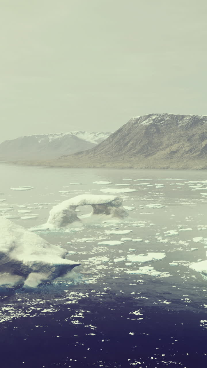 Gli iceberg galleggiano nel mare vicino a una montagna durante il giorno in una regione fredda.