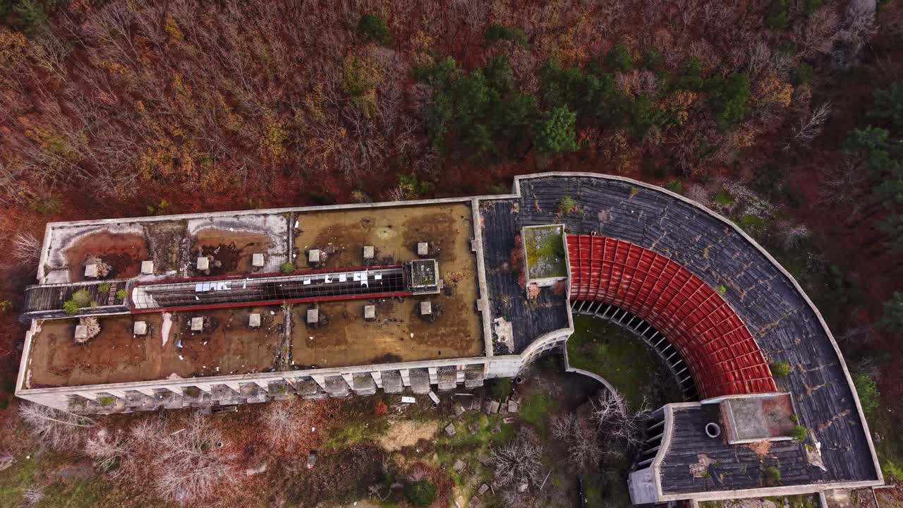 Aerial view of an abandoned amusement park with overgrown foliage