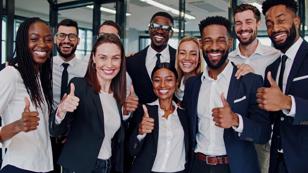 A diverse group of professionals in business attire giving thumbs up, captured from a wide-angle