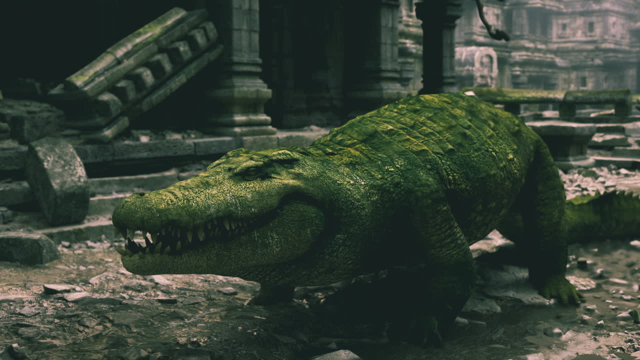 Crocodile resting in overgrown ruins at twilight