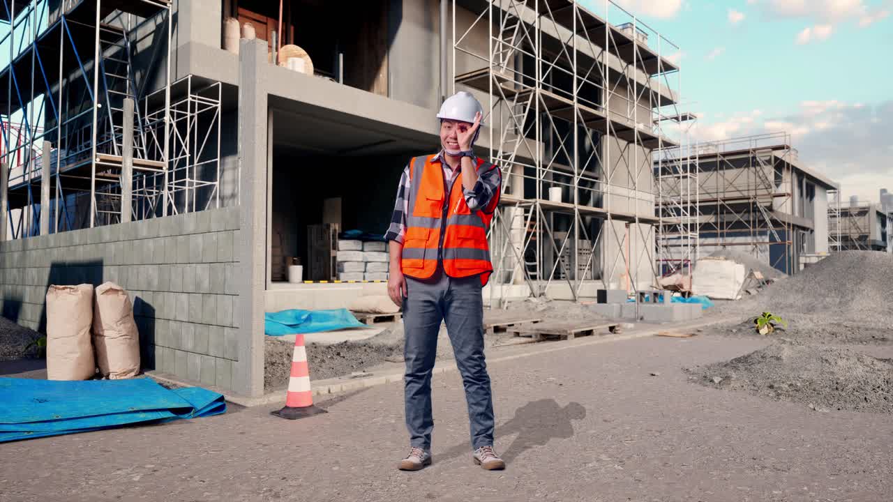 Full Body Of Asian Male Engineer With Safety Helmet Showing Ok Hand Sign Over Eye And Smiling To Camera While Standing At Building & Construction Site in Progress to New House
