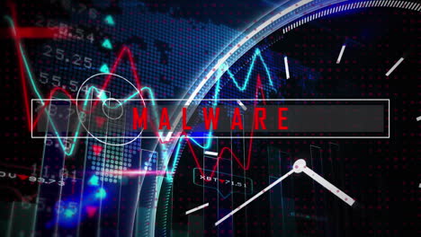 animación de texto de malware sobre procesamiento de datos y reloj en fondo negro.