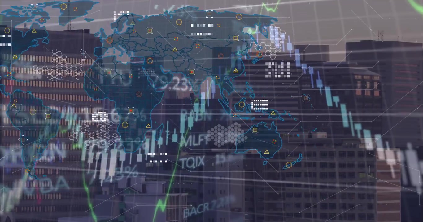 Animation of financial data processing over world map and cityscape