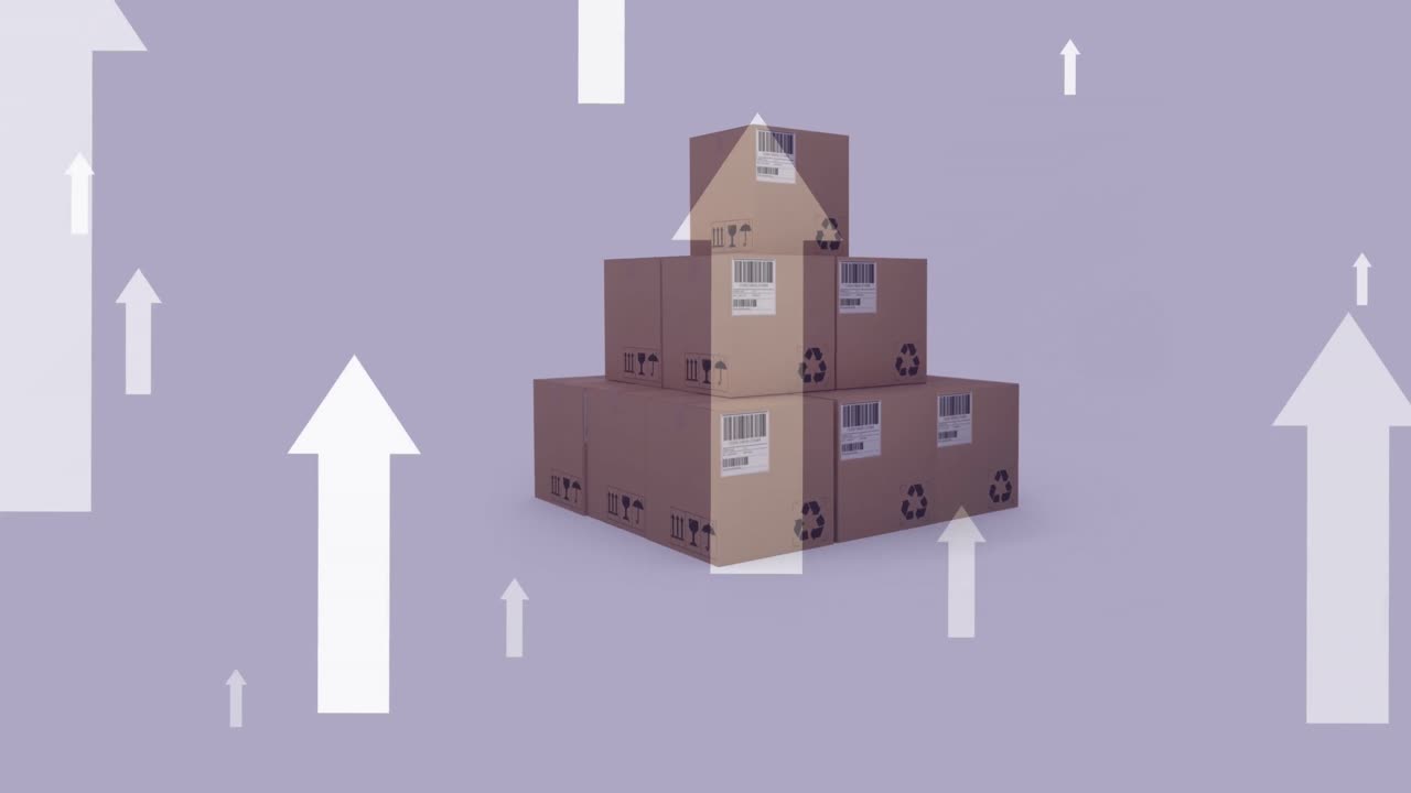 Animation of arrows pointing up over stack of boxes on purple background