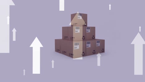 Animation-of-arrows-pointing-up-over-stack-of-boxes-on-purple-background