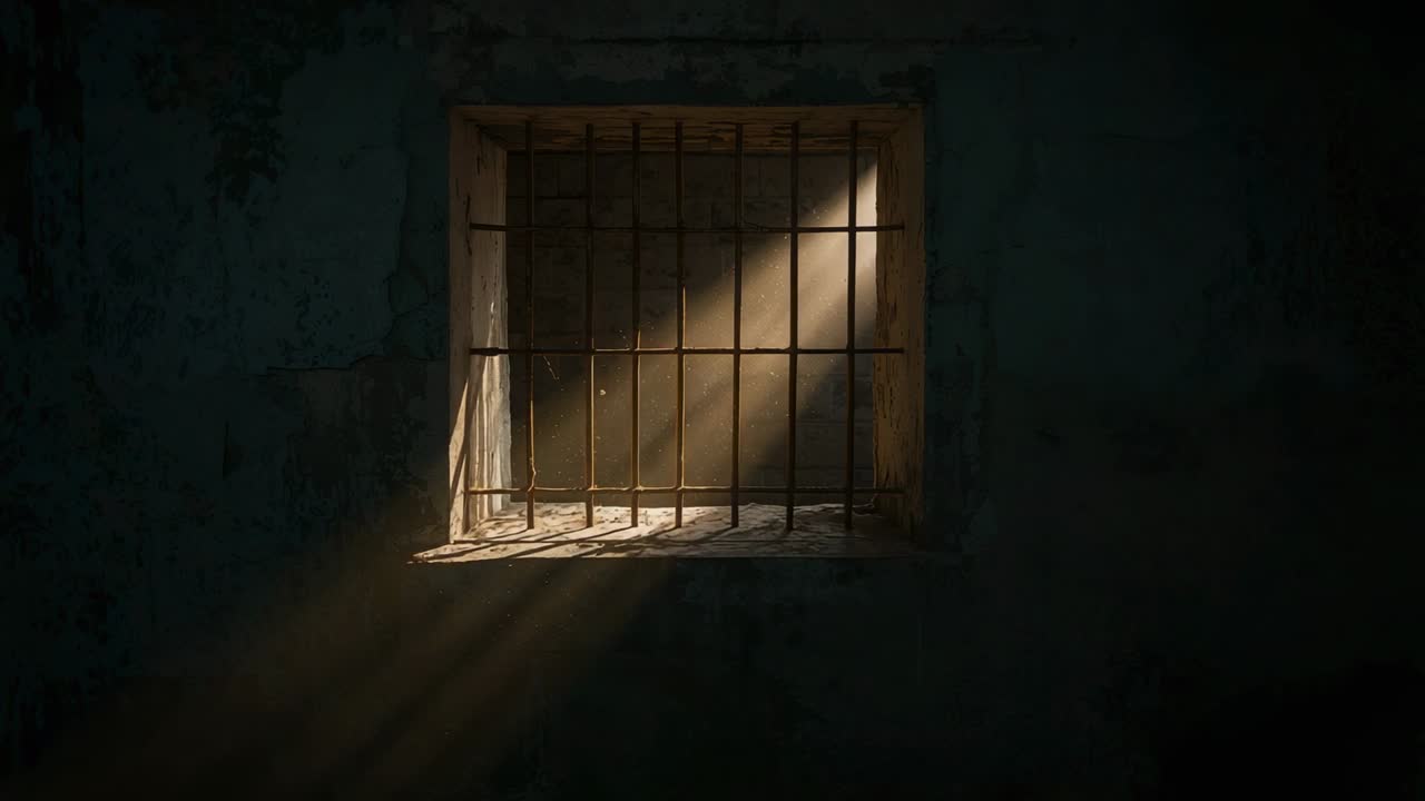 Shining iron-barred window in aged room catching sunbeam as sun shifts, illuminating sill and dust