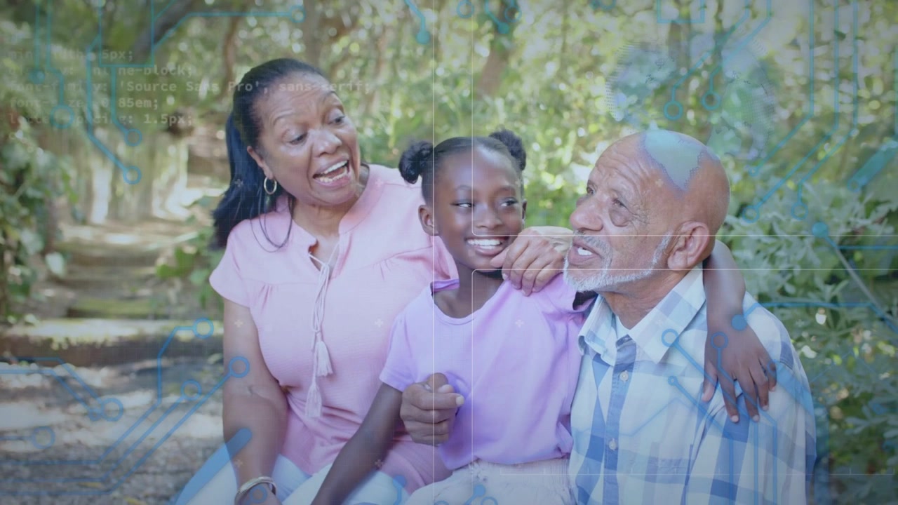 Senior woman turning to child, speaking and sharing family warmth on park bench, overlays rising