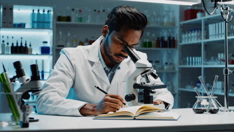 scientist conducting research with a microscope in a laboratory