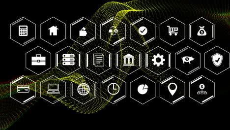 animation of financial data processing over network of business icons