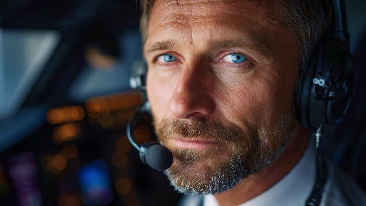Focused Pilot in Cockpit with Headset: Capturing a Close-Up of an Experienced Aviator Ready for a Flight with Professionalism and Determination