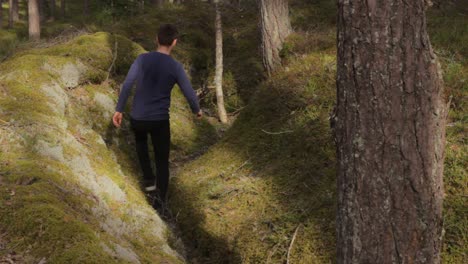 Young-man-exploring-old-World-War-II-trenches-in-forestry-area