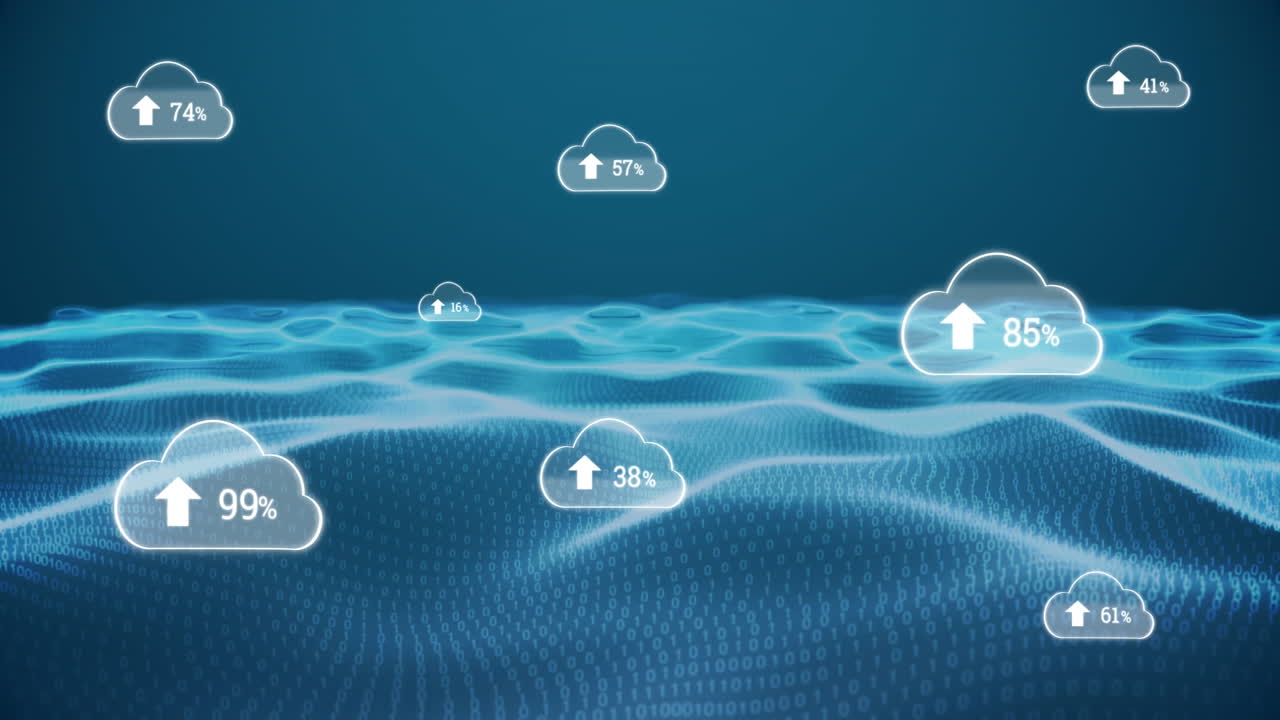 animación de iconos de nubes y procesamiento de datos sobre un fondo oscuro