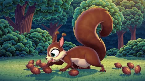 cartoon squirrel foraging through stylized woodland, gathering nuts with playful movements while preparing winter food supply in lush forest environment