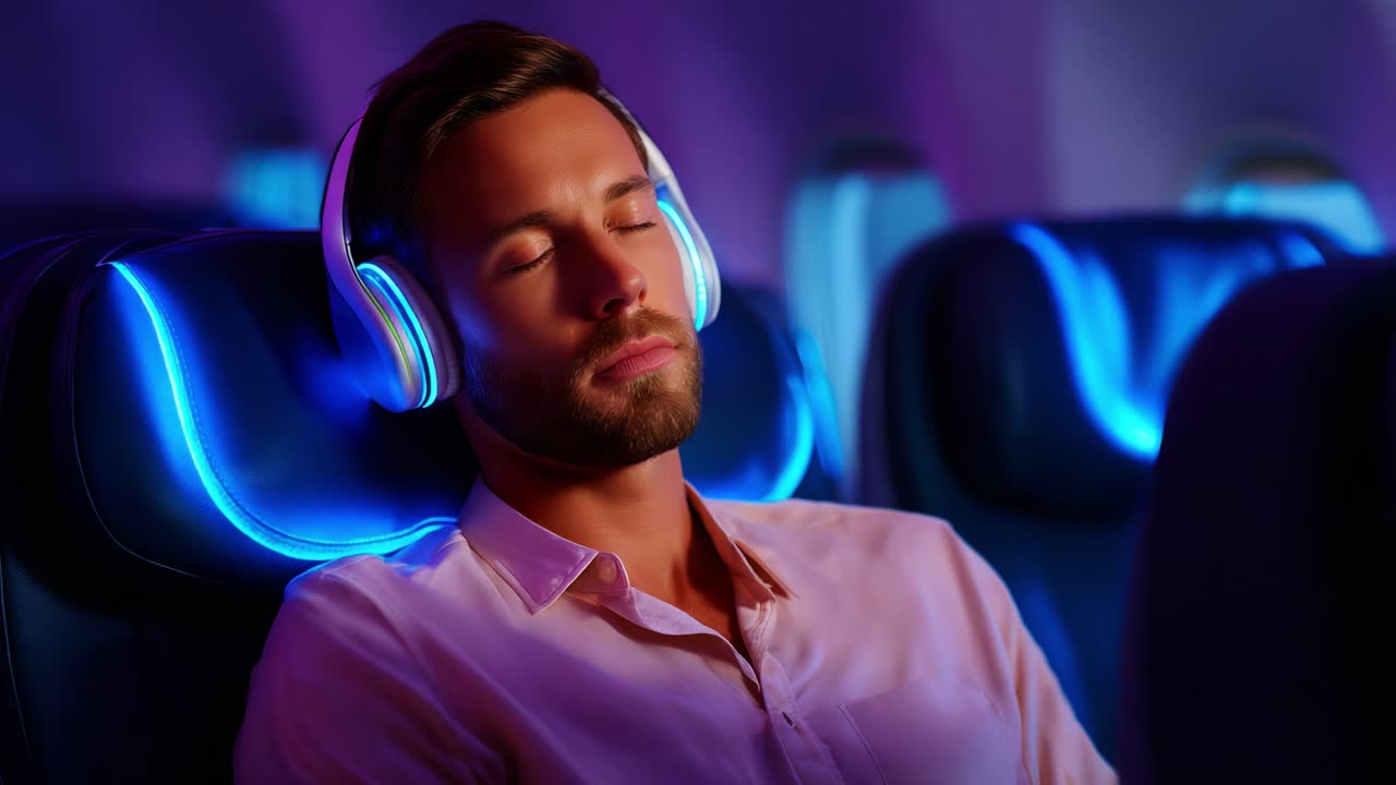 Relaxing Journey: A Young Man Enjoys a Peaceful Moment on an Airplane, Wearing Headphones While Immersed in Music or Podcasts Amongst Soft Ambient Lighting, Embracing the Serenity of Air Travel