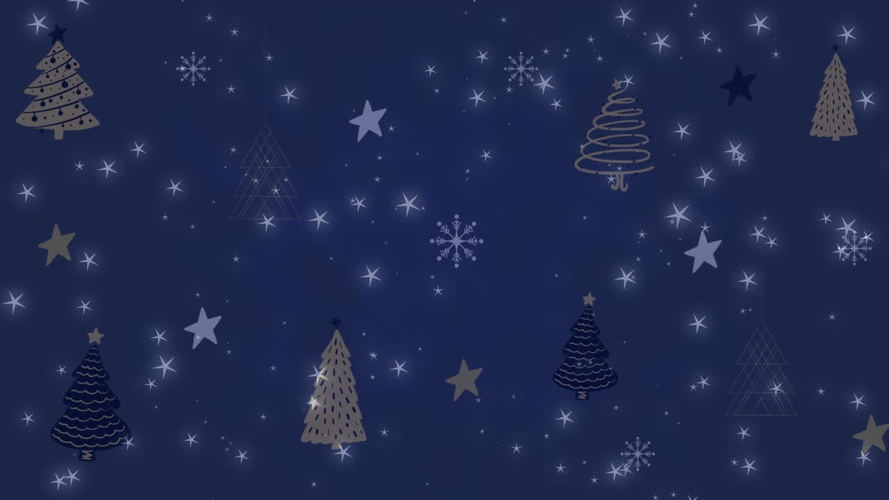 파란색 배경에 있는 크리스마스 트리 위의 별들의 애니메이션