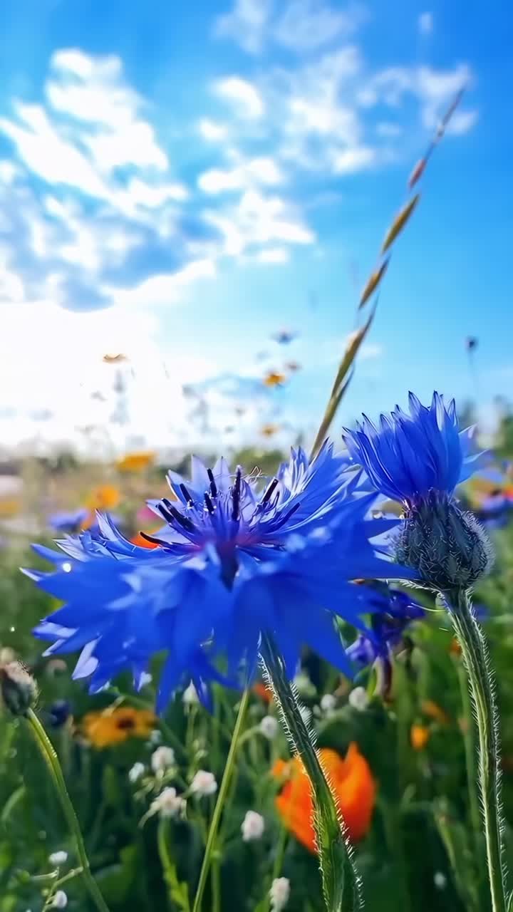 Vibrant wildflowers under a blue sky, captured from a low angle, perfect for a nature video, Live