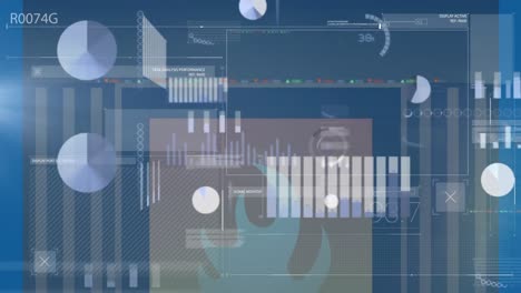 Animation-Des-Ladekreises,-Der-Grafiken-Und-Der-Datenbank-über-Dem-Feuersymbol-Vor-Blauem-Hintergrund