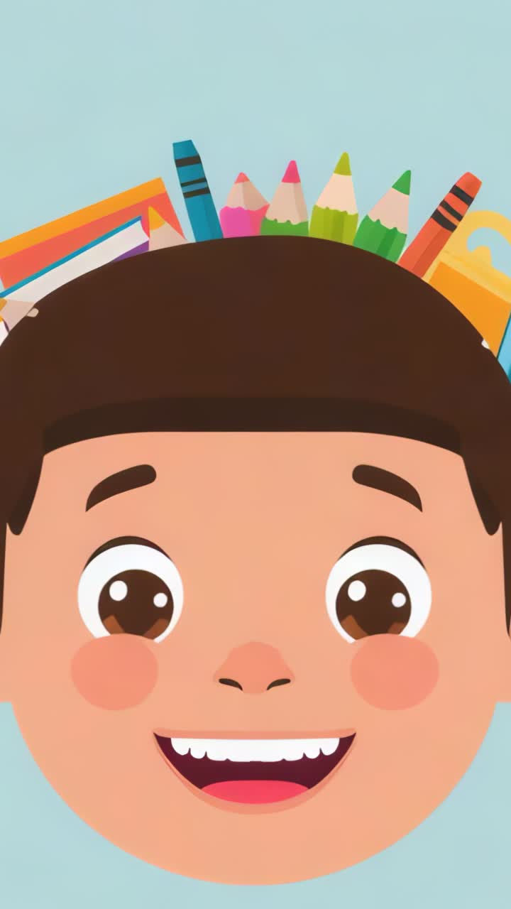 Vertical video: Rotating color tiles appearing above boy's head forming ring with art supplies