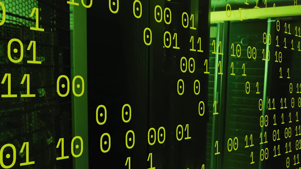Animation of green binary code over servers