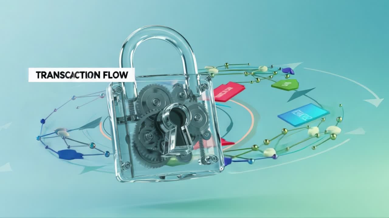 A Transparent Padlock with Intricate Gears Symbolizing Secure Transaction Flow in a Digital Environment, Highlighting Modern Encryption and Data Protection Technology