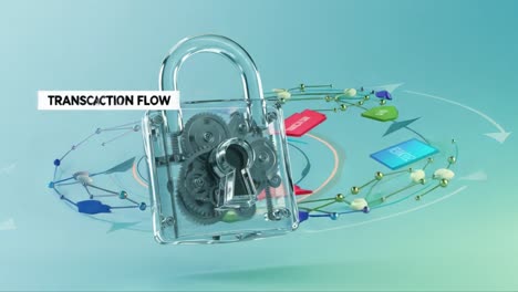 a transparent padlock with intricate gears symbolizing secure transaction flow in a digital environment, highlighting modern encryption and data protection technology