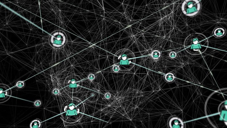 Network of connections and data processing animation over interconnected avatars