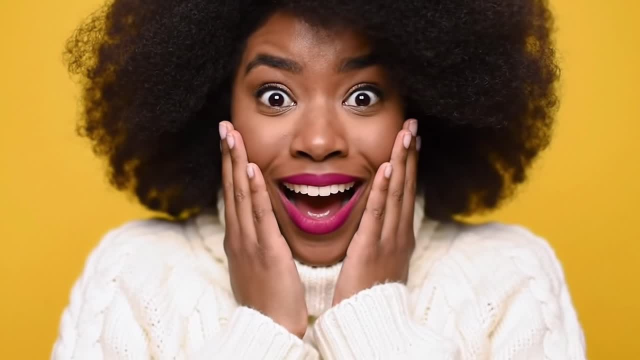 Donna afroamericana sorpresa che mostra stupore e gioia.