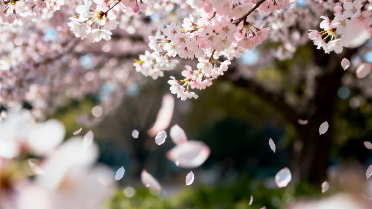 公園で揺れる桜の枝が淡いピンクの花びらを散らし、軽いそよ風が優しく舞い散らせている。