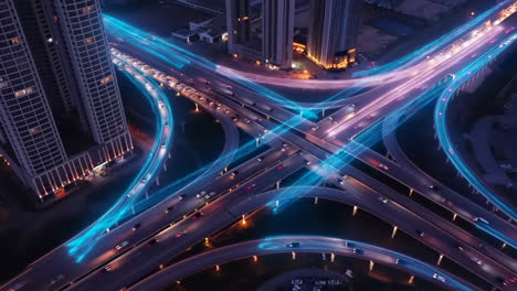 futuristic highway interchange with digital light trails at night