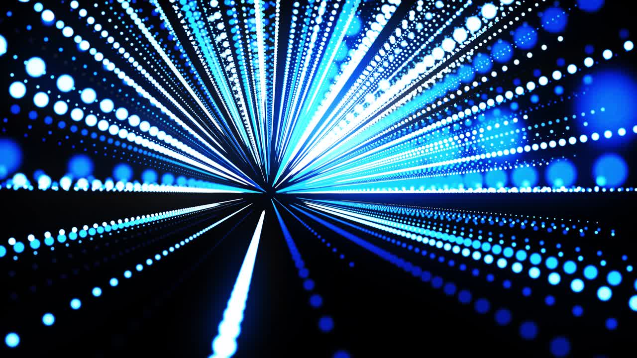 abstract 3d loop background with glowing particles lined up in rows in 3d space. Festive vj loop with blue particles and smooth animated camera. Motion design background