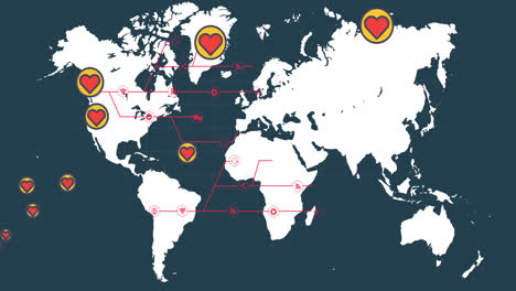 multiple heart icons over world map against blue background