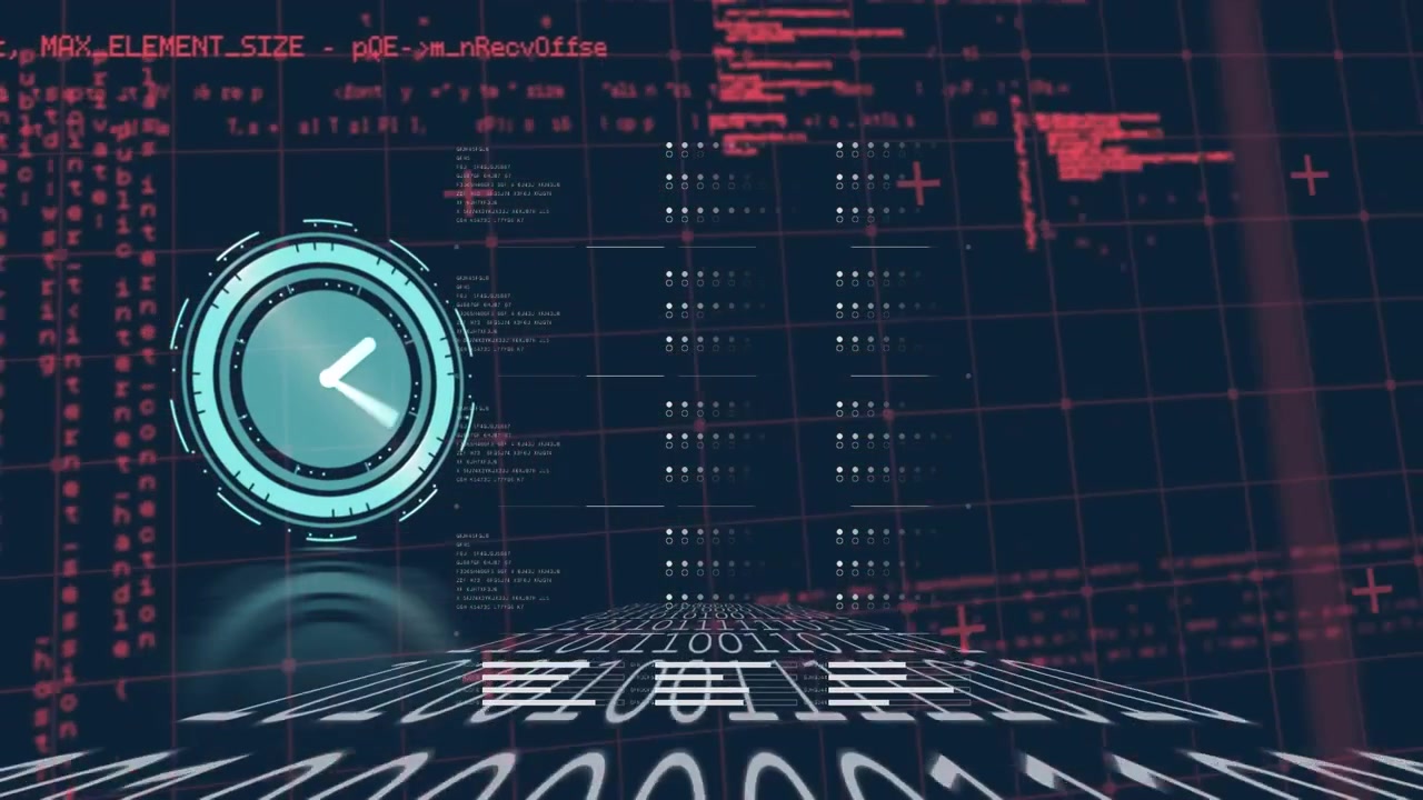 Animation of clock moving over screen with diverse data
