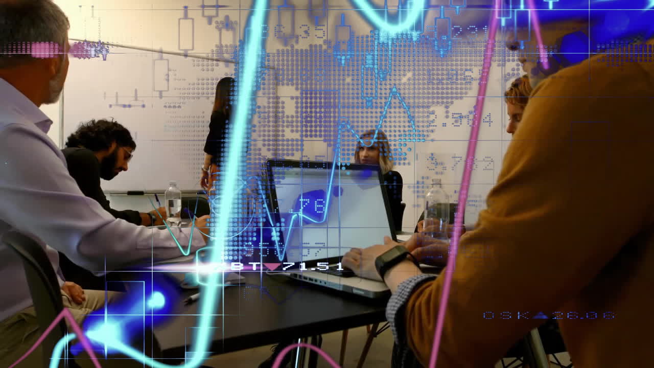 Animation of data processing over diverse colleagues having meeting in office