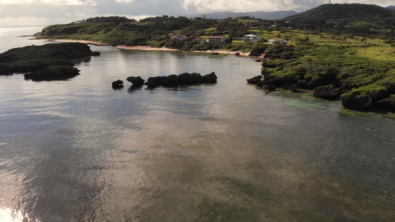 Aerial drone fly at Japan Okinawa Sea, Subtropical Forest Beach Iriomote Island