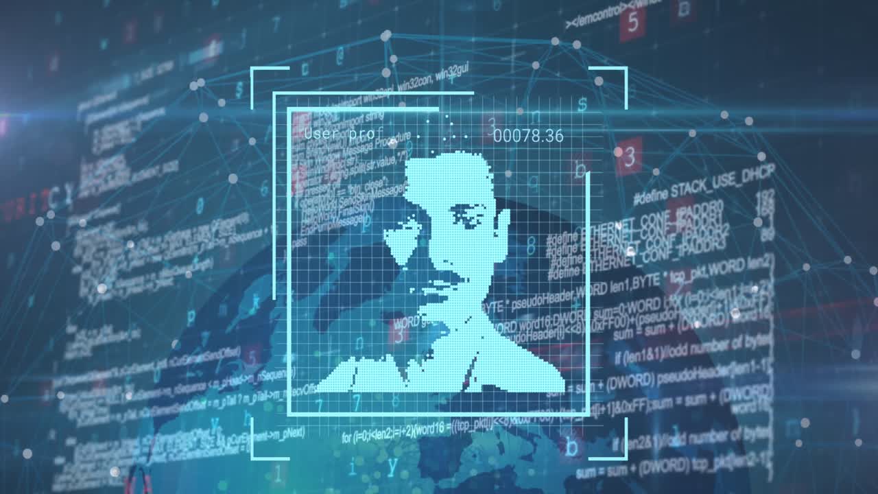 Animation of user photos over data processing, globe and cyber crime texts on blue background