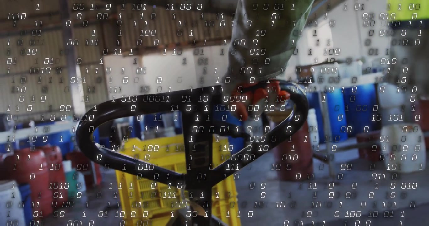 Warehouse operator gripping handle and lifting and pushing crate for logistics using binary overlay