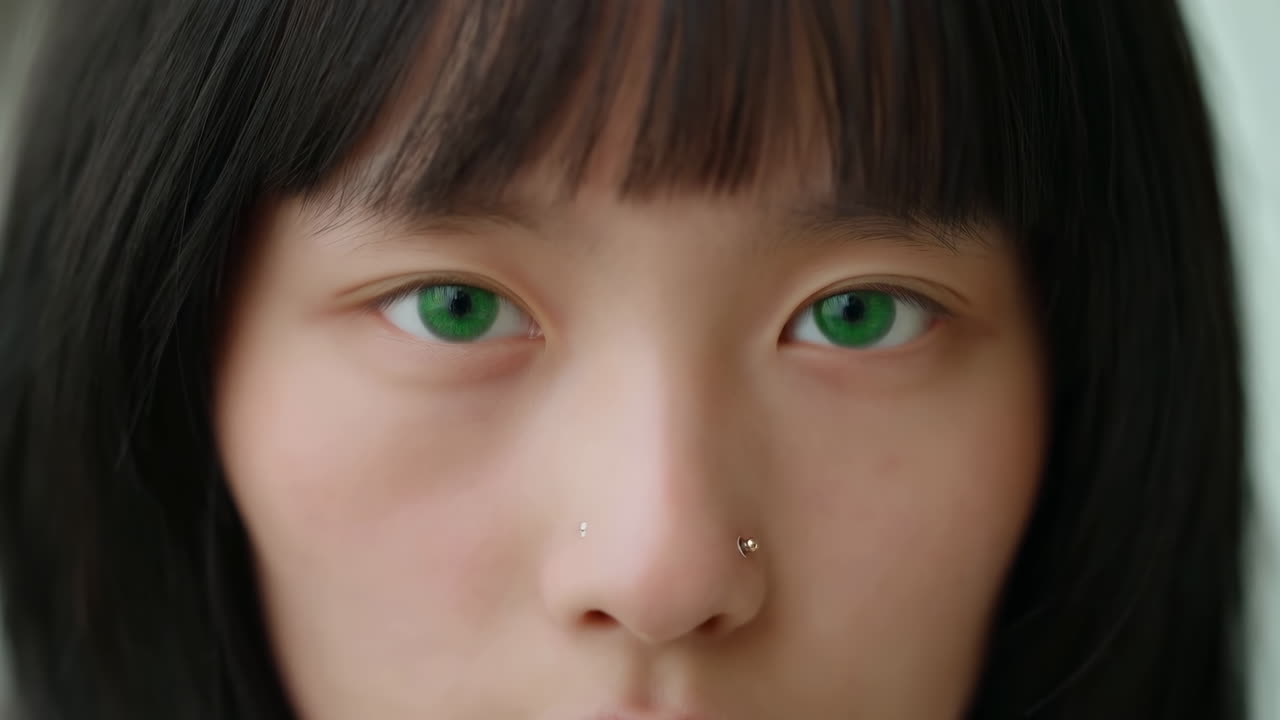 緑の目で瞬きする若い女性のクローズアップ