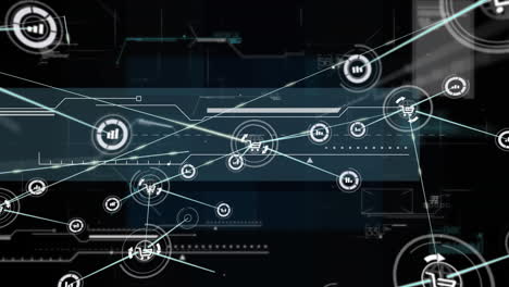 Animación-De-Iconos-Conectados-Sobre-Gráficos-Y-Lenguaje-Informático-Sobre-Fondo-Negro